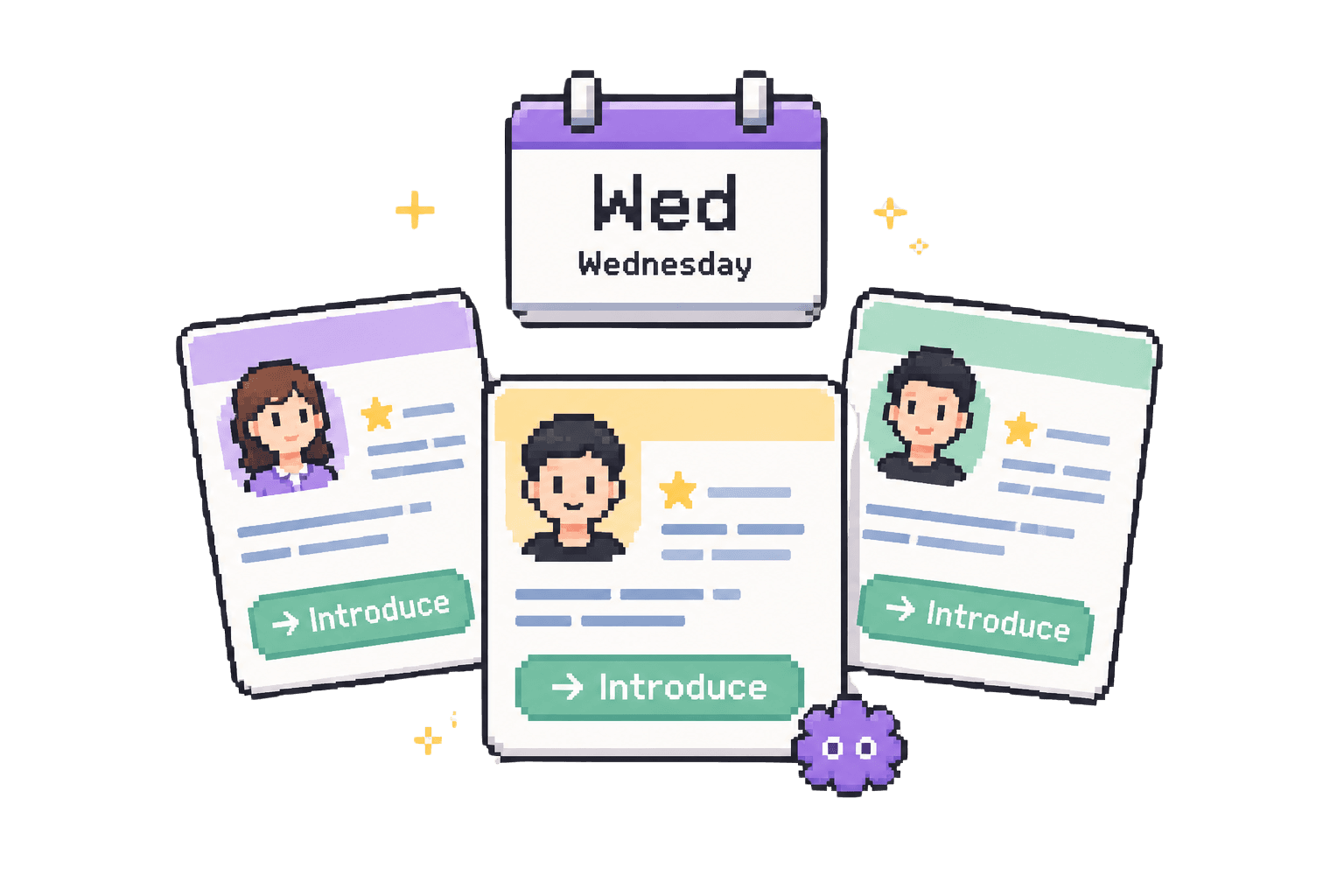 Pixel-style intro cards for a Wednesday builder match