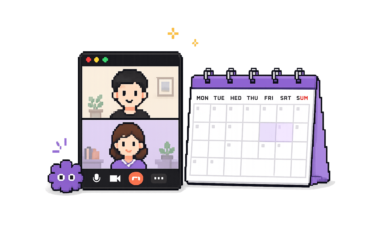 Pixel-style video call and calendar for scheduling an online meeting