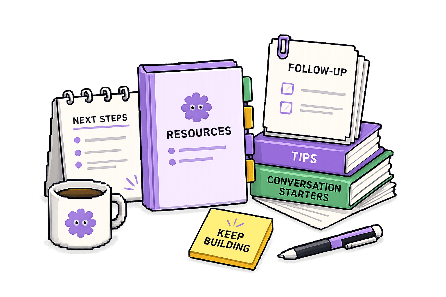 Pixel-style resource stack for follow-ups and building support