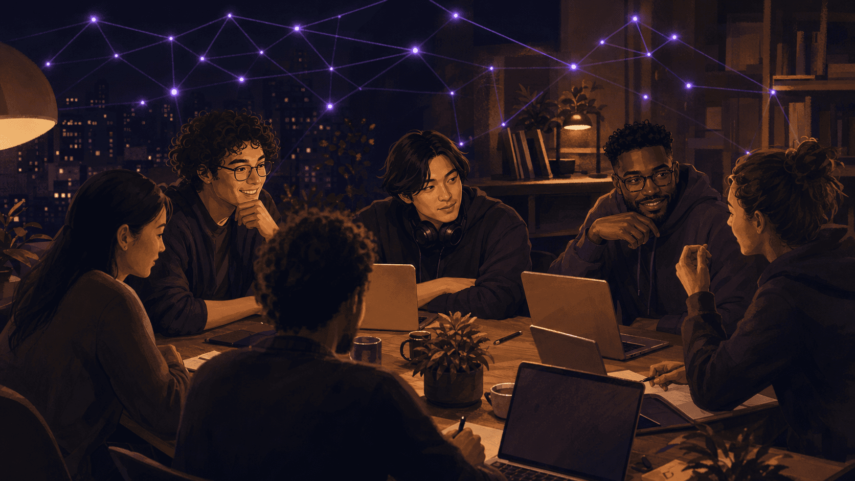 Illustrated builders connected through a private online-first community