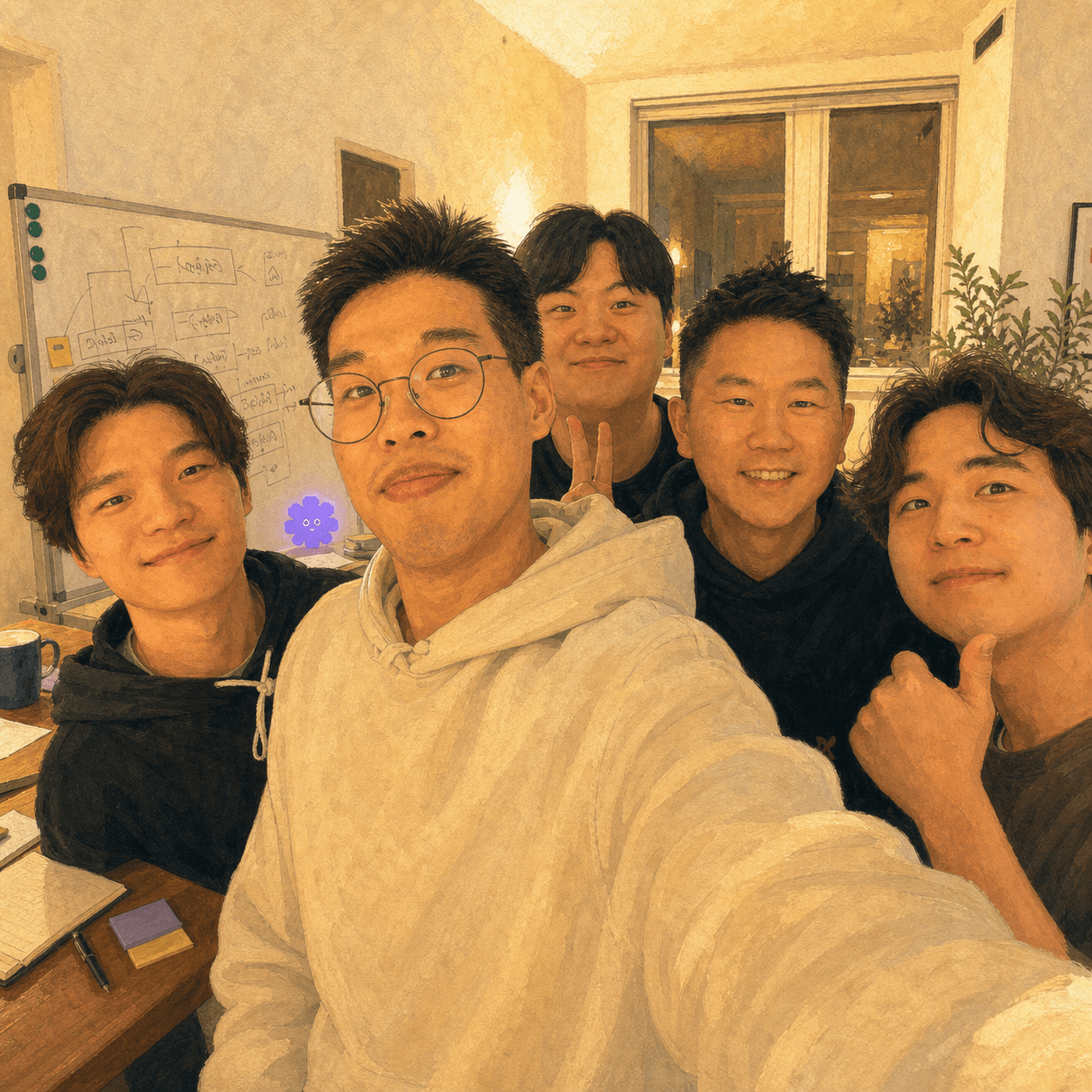 Warm editorial illustration of Sangho with founder friends after a Mindle intro