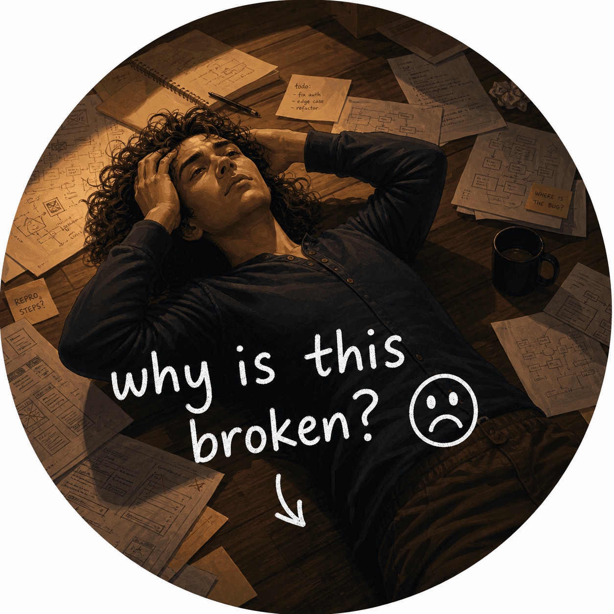 An illustrated founder debugging something broken