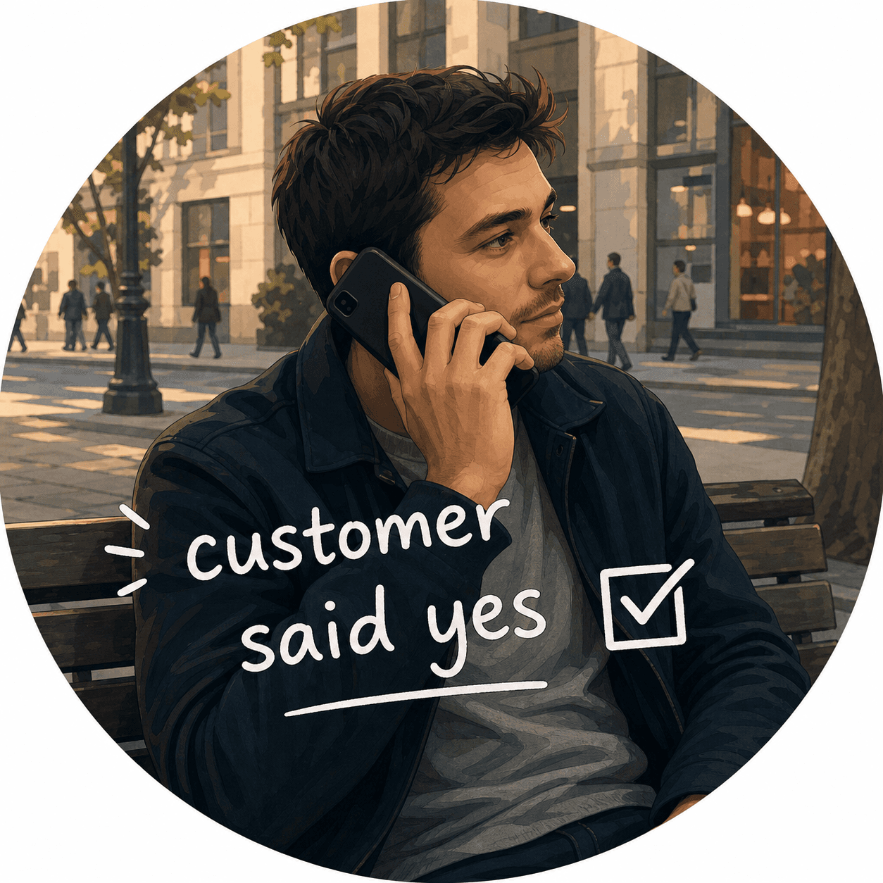 An illustrated founder hearing a customer said yes