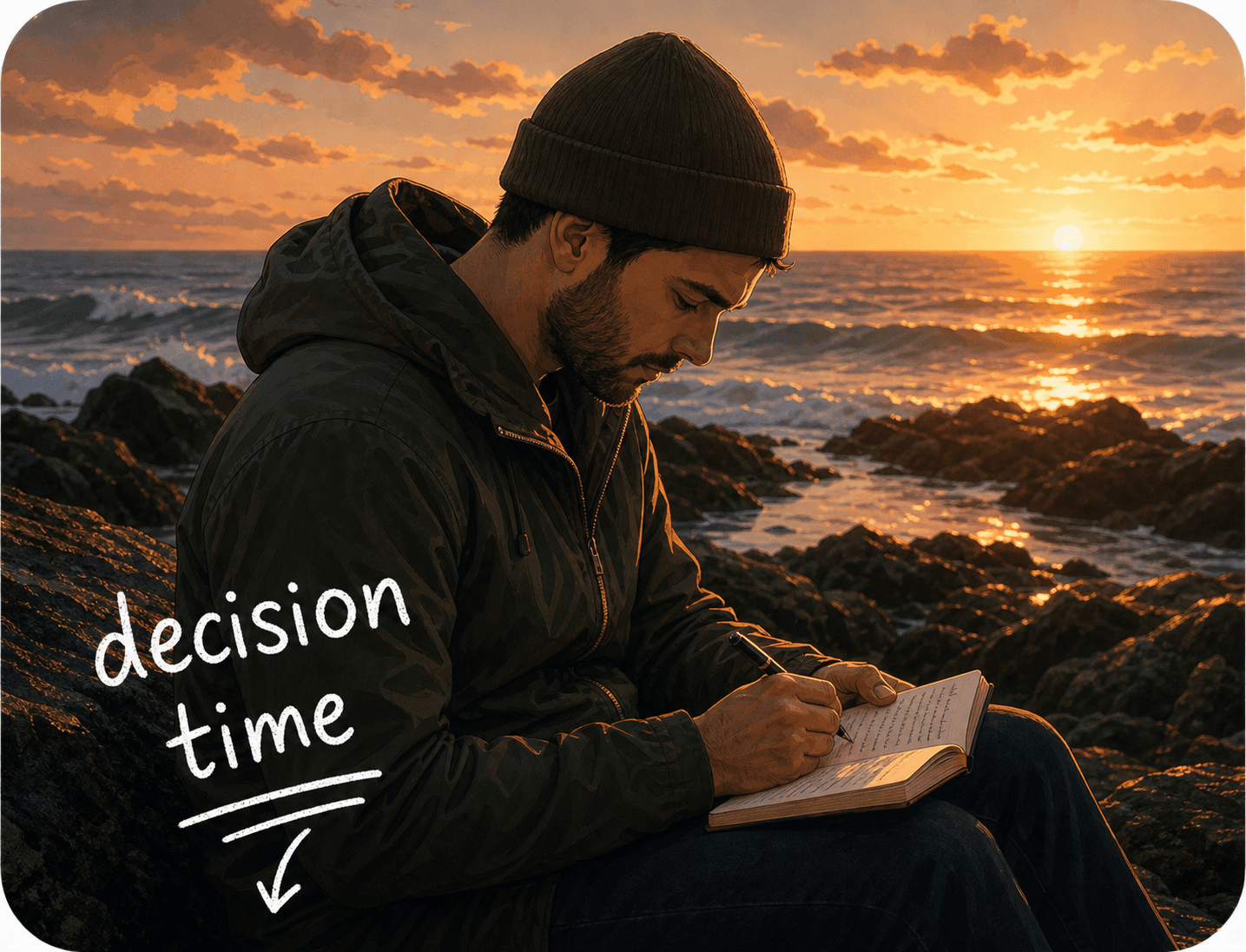 An illustrated founder journaling through a decision