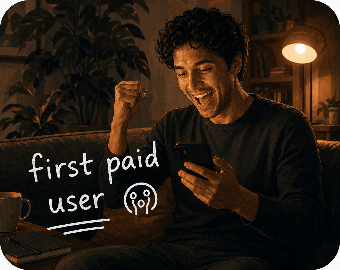An illustrated founder celebrating a first paid user