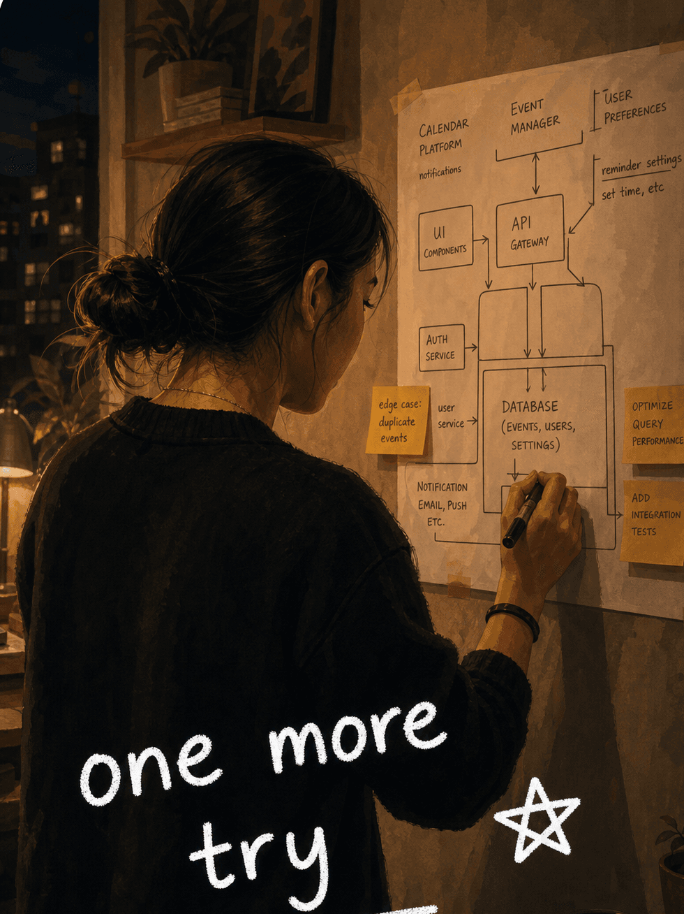 An illustrated founder deciding to try one more time