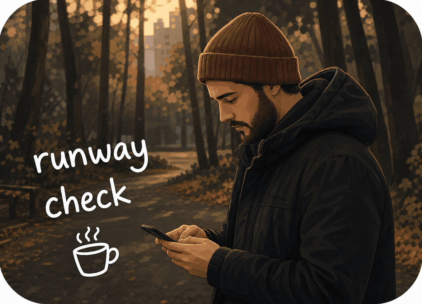An illustrated founder checking runway outdoors