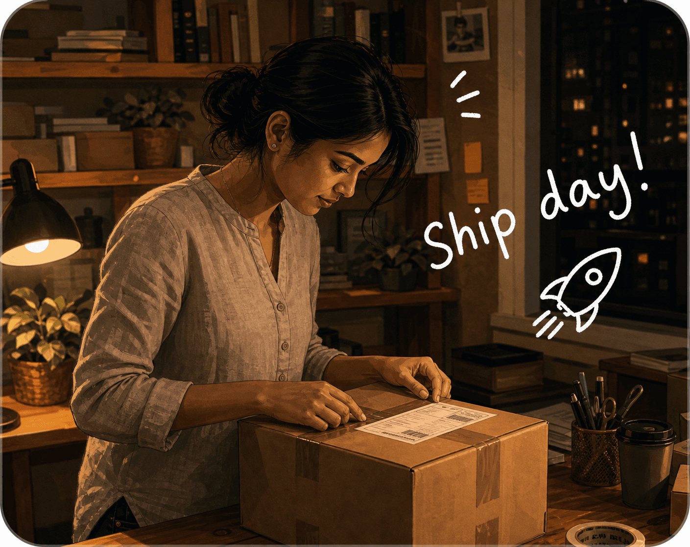 An illustrated founder shipping orders on launch day